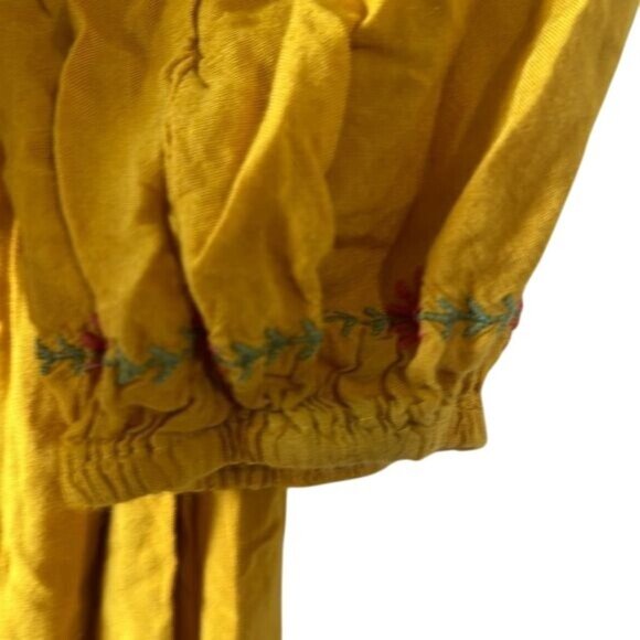 Yellow Floral Embroidered Peasant Blouse Feathers Womens M Cotton - Picture 6 of 8